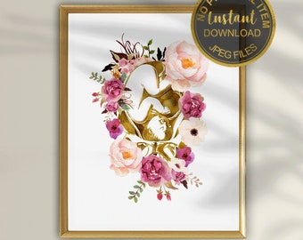 May include: A digital illustration of a pregnant woman's womb with a fetus inside, surrounded by pink and purple watercolor flowers. The image is in gold and white, with the text "Instant Download - JPEG Files" at the top.