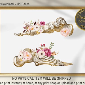 May include: Two digital prints of gold anatomical foot bones with pink and burgundy floral arrangements. The text "Instant Download - JPEG Files" is at the top of the image. The text "NO PHYSICAL ITEM WILL BE SHIPPED" is at the bottom of the image. You can print instantly at home, at any print shop or upload and print online.