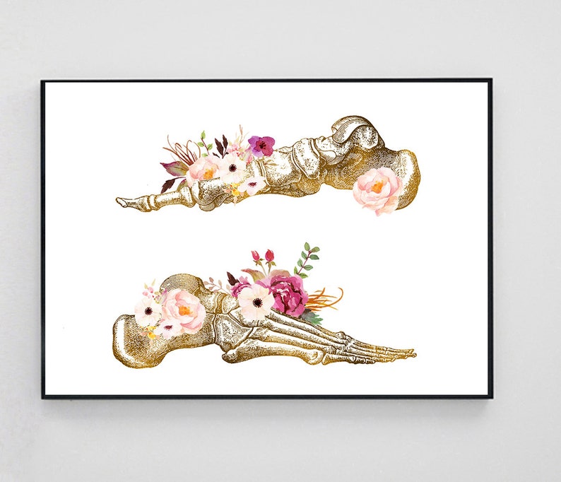 May include: Two gold anatomical foot bones with pink and white floral arrangements. The bones are stylized and the flowers are watercolor.