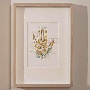 May include: Framed print of a hand with gold-colored illustrations and text, depicting palmistry. The artwork includes botanical accents and is encased in a light wood frame, suitable for home decor.