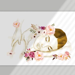 May include: A watercolour illustration of a person receiving a massage, with a gold foil effect on the person's skin. The person is surrounded by pink, white and purple flowers.