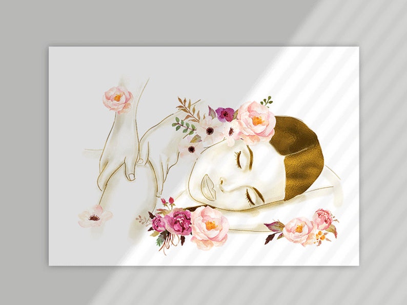 May include: A watercolour illustration of a person receiving a massage, with a gold foil effect on the person's skin. The person is surrounded by pink, white and purple flowers.