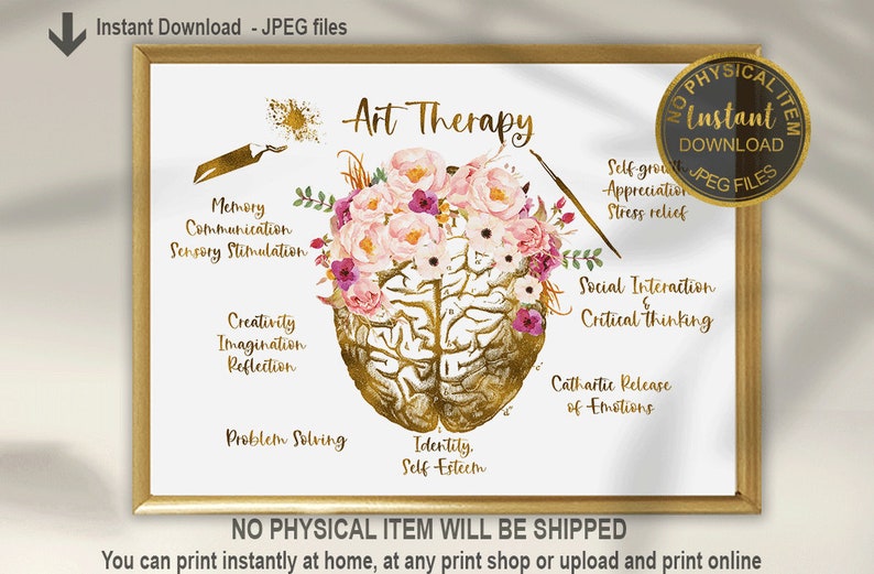 Puede incluir: P&oacute;ster de arteterapia imprimible con una ilustraci&oacute;n de cerebro dorado rodeada de flores de acuarela rosa y p&uacute;rpura. El p&oacute;ster enumera los beneficios de la arteterapia, incluida la estimulaci&oacute;n de la memoria, la creatividad, la resoluci&oacute;n de problemas y el alivio del estr&eacute;s. El texto "Art Therapy" est&aacute; en la parte superior del p&oacute;ster.