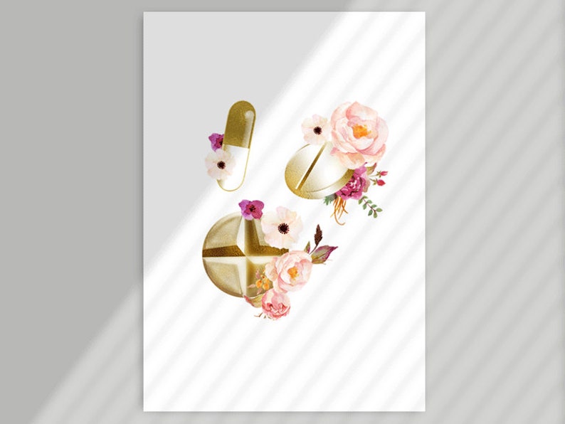 May include: Gold pill and capsule shapes with watercolor pink and purple flowers. The flowers are arranged around the pills.