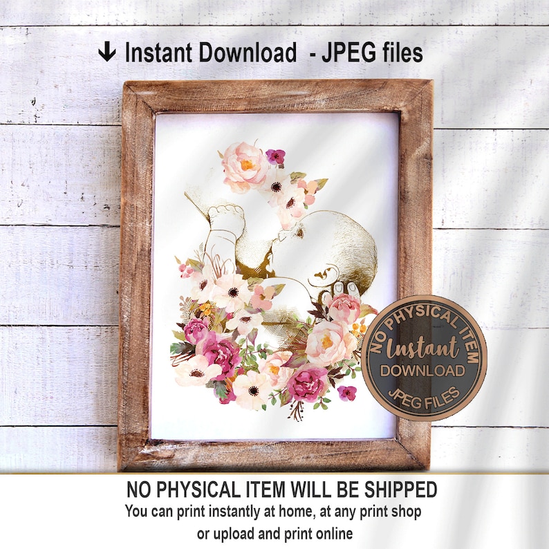 May include: A digital illustration of a baby in a womb surrounded by pink, white, and peach flowers. The image is in a gold and white color scheme. The text "Instant Download JPEG Files" is at the bottom of the image.