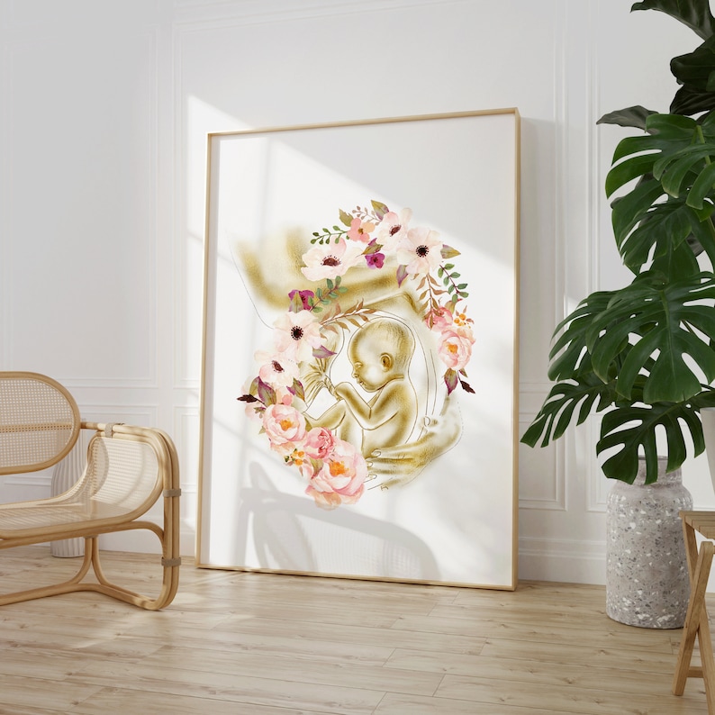 Baby in Womb Anatomy Art Print – Floral Gynecology Wall Art, Fetal ...