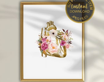 Heart Anatomy Flower Art Print for Medical Clinics and Doctor Offices – Cardiology Anatomy Wall Art, Printable Medical Gift