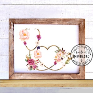May include: A printable digital download of a gold stethoscope with pink and purple flowers forming a heart shape. The text "Instant Download" is in a circle with an arrow pointing down.