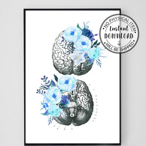 May include: A printable digital download of a vintage anatomical illustration of the human brain with blue watercolour flowers. The text "No Physical Item. Instant Download. Will Be Shipped" is in a circle on the right side of the image.