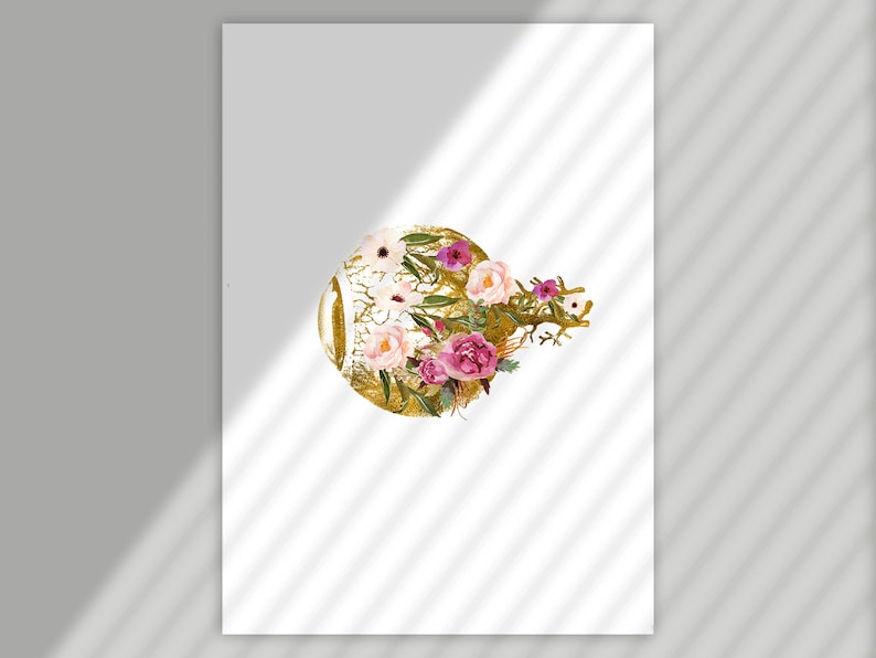May include: A gold circle with a floral design featuring pink and white flowers and green leaves.