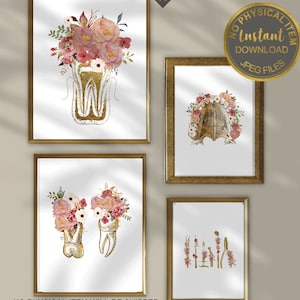 Set de arte dental floral, impresión de instrumentos dentales, arte de anatomía dental, decoración de consultorio dental, regalo para higienista dental, graduación de asistente dental