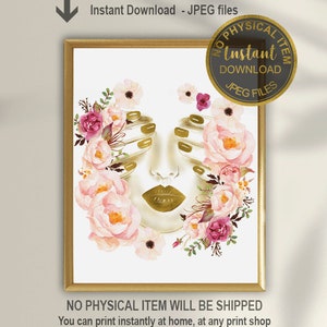 Puede incluir: Una descarga digital de una impresión de arte imprimible que presenta una ilustración de acuarela de la cara de una mujer con detalles dorados rodeada de flores rosas y burdeos. El texto "No Physical Item Will Be Shipped" está en la parte inferior de la imagen.