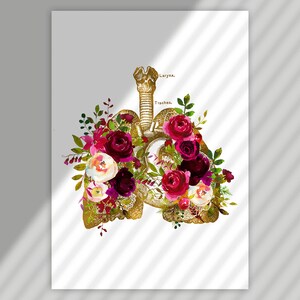 May include: A gold anatomical illustration of the human lungs with the words "Larynx" and "Trachea" labeled. The lungs are surrounded by a bouquet of pink, red, and white flowers.