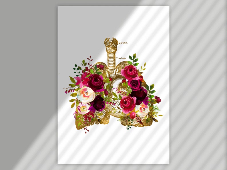 May include: A gold anatomical illustration of the human lungs with the words "Larynx" and "Trachea" labeled. The lungs are surrounded by a bouquet of pink, red, and white flowers.