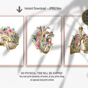 Floral Anatomy Art, Doctor Gift, Graduation Gift, Brain Art, Lungs, Heart Art, Medical School Gift, Nurse Gift, Printable Anatomy Art Print