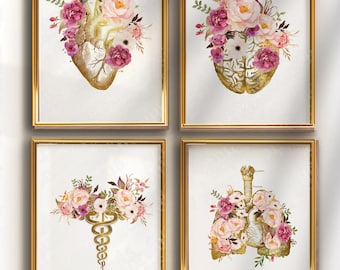 Anatomy Art Set, Medical Office Decor, Floral Anatomy Poster, Doctor Office Wall Art, Nurse Gift, Clinic Decor Set of 4