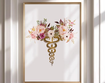 Caduceus Printable Wall Art, Doctor Gift, Medical Office Decor, Physician Graduation Gift, Gold Medical Symbol