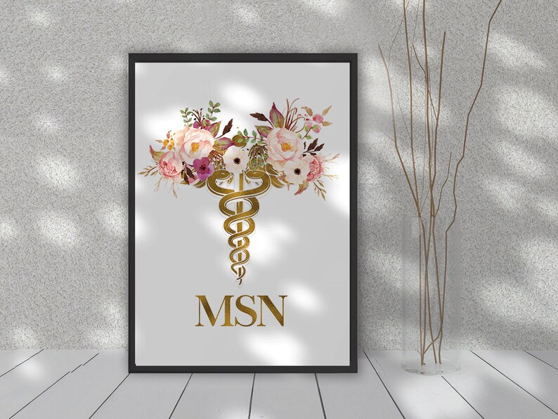 May include: A gold medical caduceus symbol with a floral wreath of pink, white, and purple flowers. The text "MSN" is below the symbol.
