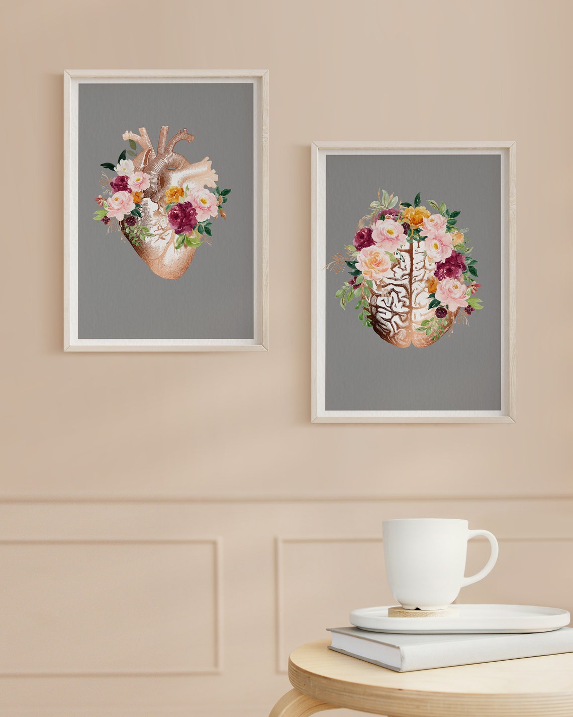 Printable Floral Anatomy Art Set – Heart and Brain Anatomy Wall Art ...