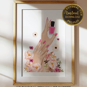 May include: A digital illustration of hands with pink nail polish and flowers. The image is framed and has a digital watermark that says "Instant Download - JPEG Files".