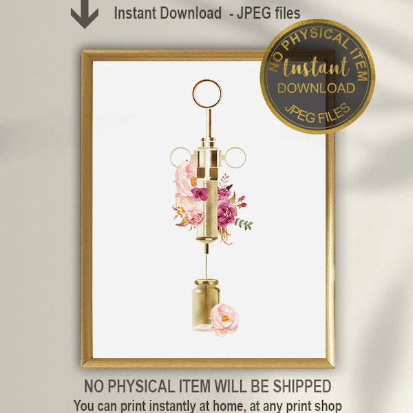 Arte mural de enfermera cosmética, póster de jeringa floral, decoración imprimible para oficina con inyector, regalo de graduación de enfermera, arte de clínica estética