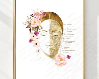 May include: A framed anatomical art print featuring a human face split between a clean line drawing and a detailed gold-toned muscular diagram. The face is adorned with watercolor-style pink and purple flowers, with labels pointing to facial muscles.