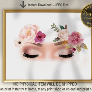 Könnte beinhalten: Ein gerahmter Kunstdruck mit einer Aquarellillustration geschlossener Augen mit langen Wimpern, verziert mit floralen Arrangements in Rosa- und Weißtönen. Der Text "Instant Download - JPEG files" ist enthalten.
