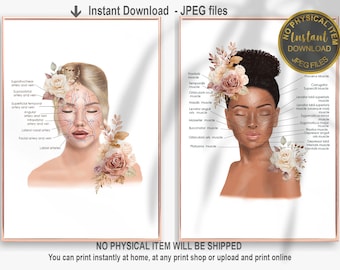 May include: Two printable anatomy charts of the human face, one with a light-skinned woman and the other with a dark-skinned woman. Both charts feature floral illustrations and label the muscles and arteries of the face.
