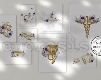 Gold Floral Medical Wall Art Set, Anatomy Heart Stethoscope EKG Prints, Doctor Nurse Office Decor, Printable Medical Art Set
