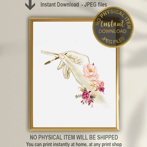 Puede incluir: Una ilustración digital de una mano sosteniendo unas pinzas y un cepillo para pestañas. La mano está rodeada de flores rosas y moradas. La imagen tiene el texto "No se enviará ningún artículo físico. Puedes imprimir instantáneamente en casa, en cualquier tienda de impresión o subir y imprimir en línea."