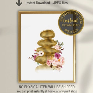 May include: A digital printable featuring a stack of golden stones with pink and purple flowers. The text "Instant Download - JPEG files" is at the top of the image.