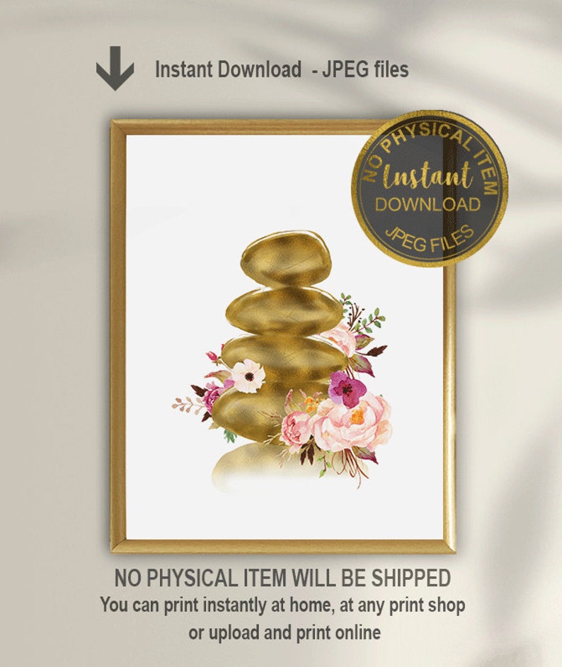 May include: A digital printable featuring a stack of golden stones with pink and purple flowers. The text "Instant Download - JPEG files" is at the top of the image.