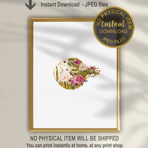 May include: A printable digital art print featuring a gold anatomical eye with pink and white flowers. The print has the text "No Physical Item Will Be Shipped. You can print instantly at home, at any print shop or upload and print online."