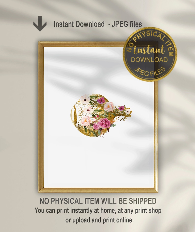 May include: A printable digital art print featuring a gold anatomical eye with pink and white flowers. The print has the text "No Physical Item Will Be Shipped. You can print instantly at home, at any print shop or upload and print online."