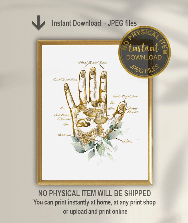 May include: A framed print featuring a gold-colored illustration of a hand with labeled anatomical points. The print includes text indicating it is an instant download of JPEG files. The artwork is set against a white background with green foliage accents.
