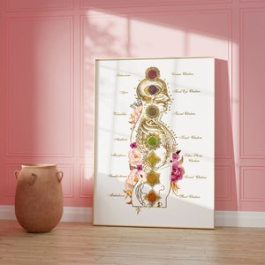 Gold chakra alignment wall art with blush floral details for spiritual interiors