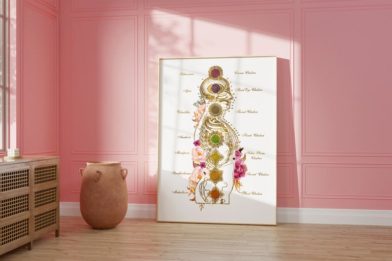 Gold chakra alignment wall art with blush floral details for spiritual interiors