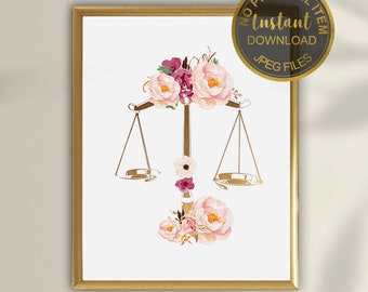 May include: Printable digital download of a gold scale of justice with pink and white floral accents. The text "NO PHYSICAL ITEM WILL BE SHIPPED" is at the bottom of the image. You can print instantly at home, at any print shop or upload and print online.