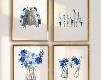 Dental Wall Art Printable Set of 4, Floral Tooth Prints, Dentistry Wall Decor, Dentist Office Art, Dental Hygienist Gift