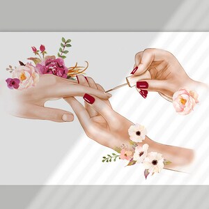 May include: A hand is painting a fingernail with red nail polish. The hand is surrounded by pink and white flowers.