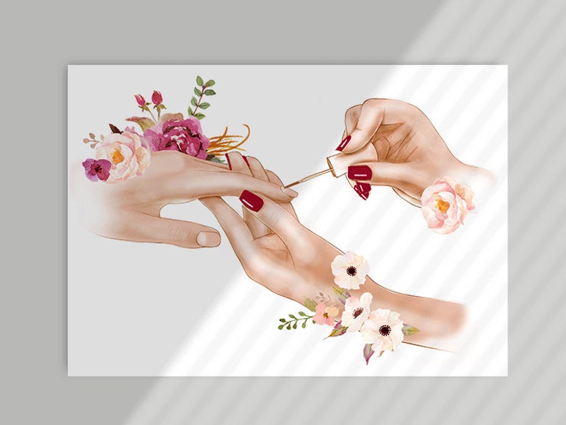 May include: A hand is painting a fingernail with red nail polish. The hand is surrounded by pink and white flowers.