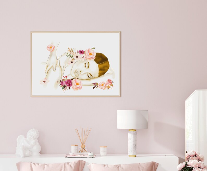 May include: A watercolour illustration of a woman receiving a massage, with pink and white flowers around her head. The woman is lying on her side with her eyes closed, and the hands of the massage therapist are visible on her back.
