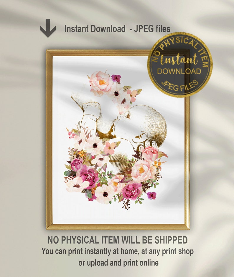 May include: A digital printable of a gold fetal outline surrounded by a wreath of pink and white flowers. The text "Instant Download - JPEG files" is at the top of the image. The text "NO PHYSICAL ITEM WILL BE SHIPPED You can print instantly at home, at any print shop or upload and print online" is at the bottom of the image.