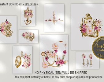 Medical Anatomy Art Set for Doctor Office, Floral Medical Prints, Nurse Gift, Medical Student Graduation Decor, Printable Wall Art