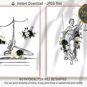 Lawyer Art Printable Lady of Justice and Scales Wall Art Set, Legal Office Decor, Lawyer Gift Idea