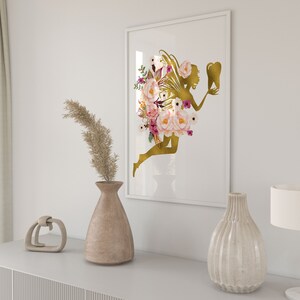 May include: A gold silhouette of a fairy with wings made of pink and purple flowers holding a tooth. The fairy is surrounded by pink and white flowers.