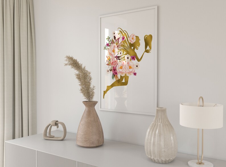 May include: A gold silhouette of a fairy with wings made of pink and purple flowers holding a tooth. The fairy is surrounded by pink and white flowers.