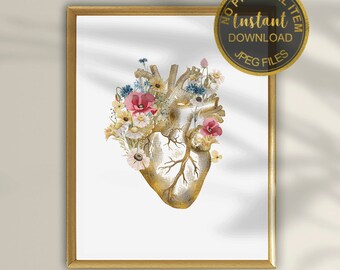 Floral hart anatomie kunstafdruk – medische hart illustratie voor dokterspraktijk, cardiologie en gezondheidszorg kliniek decor (digitale download)