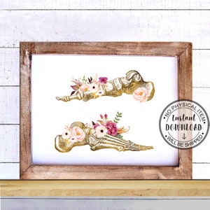 May include: Printable art print featuring a gold anatomical foot bone with pink and white floral accents. The print is framed in a rustic wood frame.