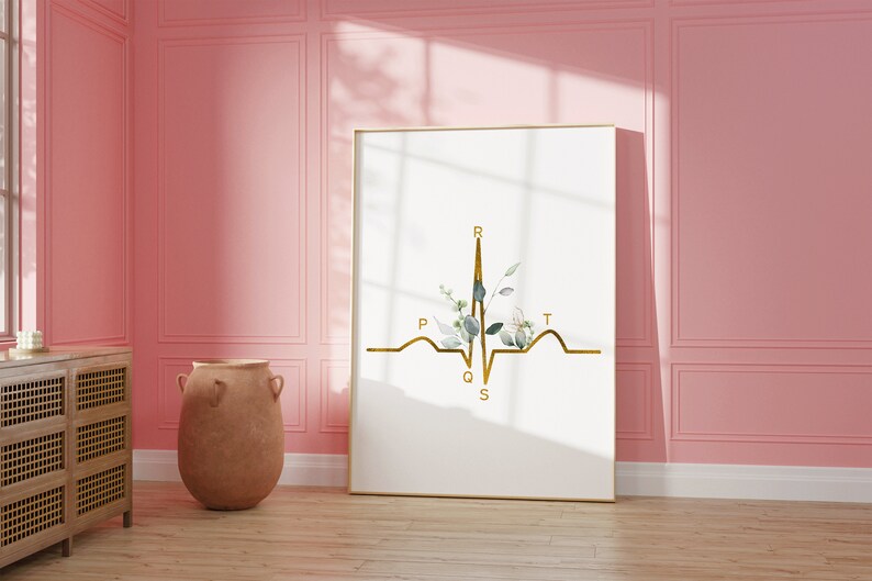 May include: A white framed print with a gold EKG line and floral accents. The EKG line is labeled with the letters P, Q, R, S, and T.